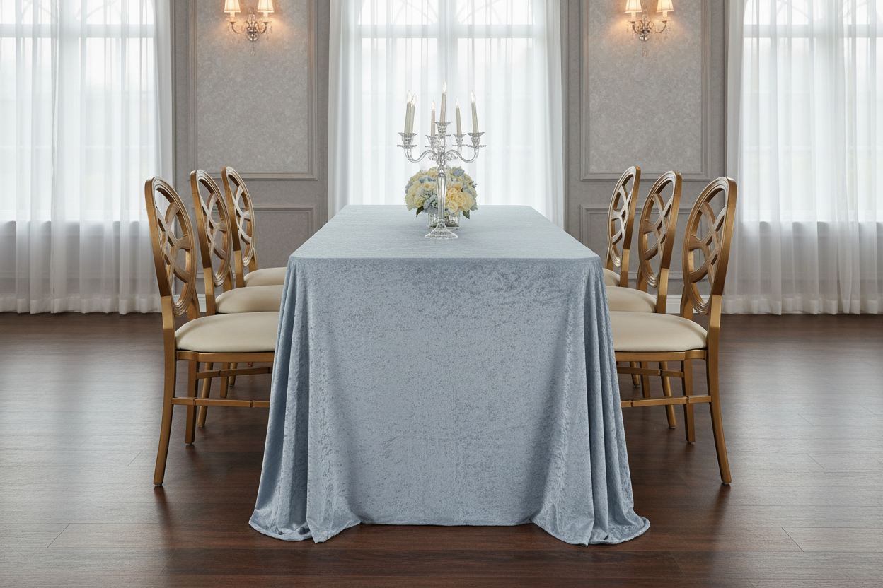 Lifestyle_Front_Dusty Blue Velvet Rectangular Tablecloth Size: 90 X 132 in 