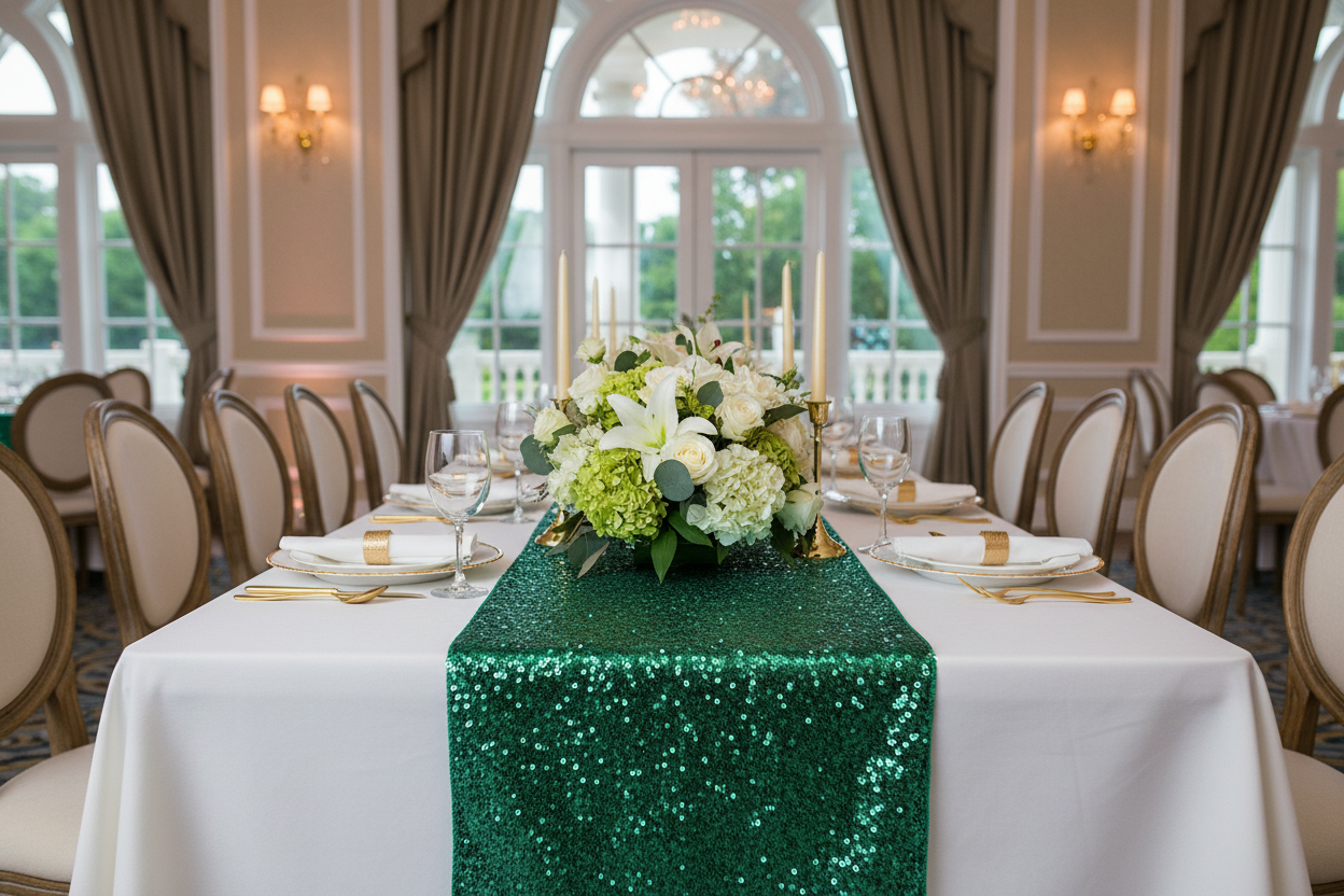 Lifestyle_Front_Emerald Green Glitz Sequin Table Runner Size: 12-13 X 108 in