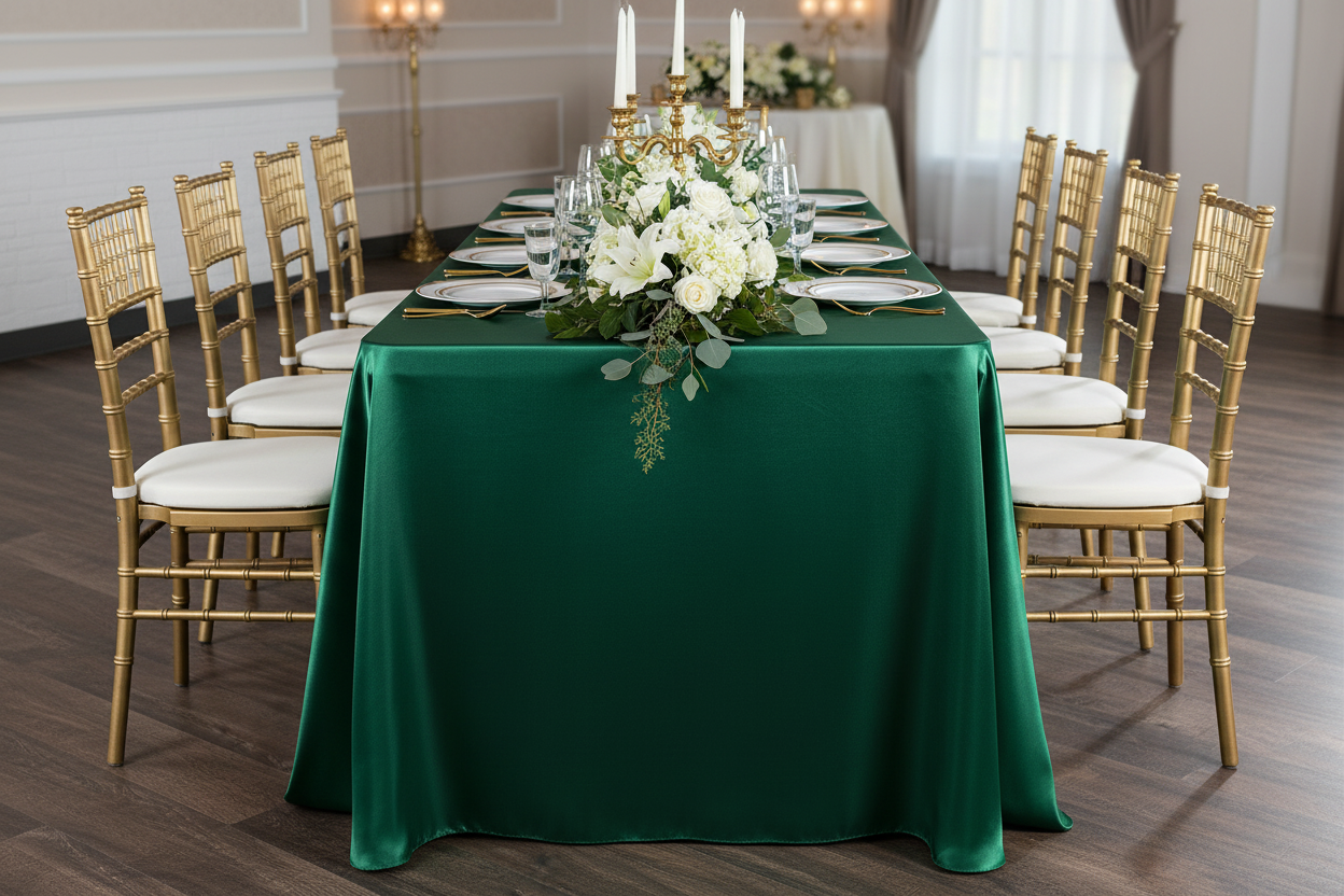 Lifestyle_Front_Emerald Green Satin 90" x 156" Rectangular Tablecloth