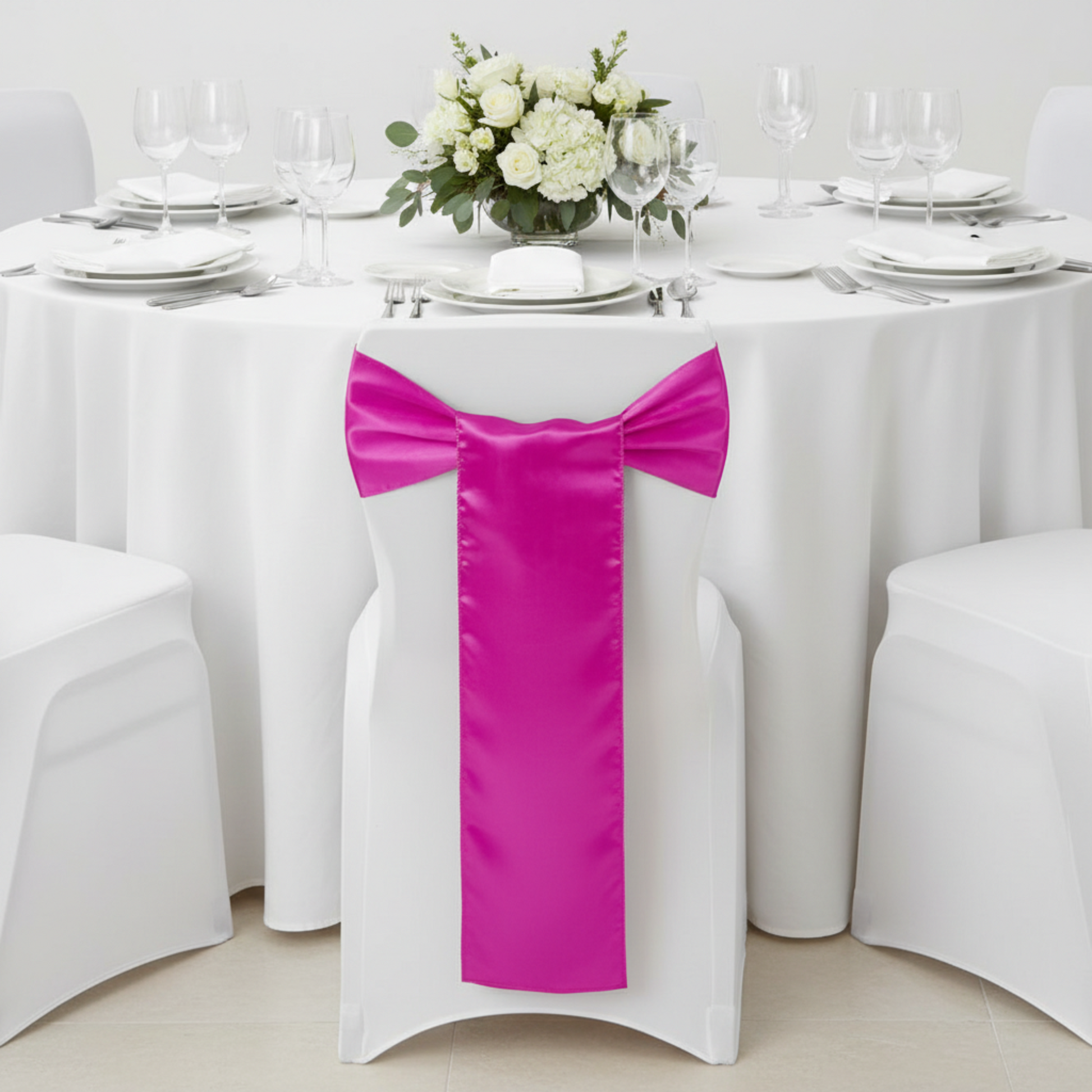 Lifestyle_Front_Fuchsia Standard Satin Chair Sash Size: 6 X 108 in