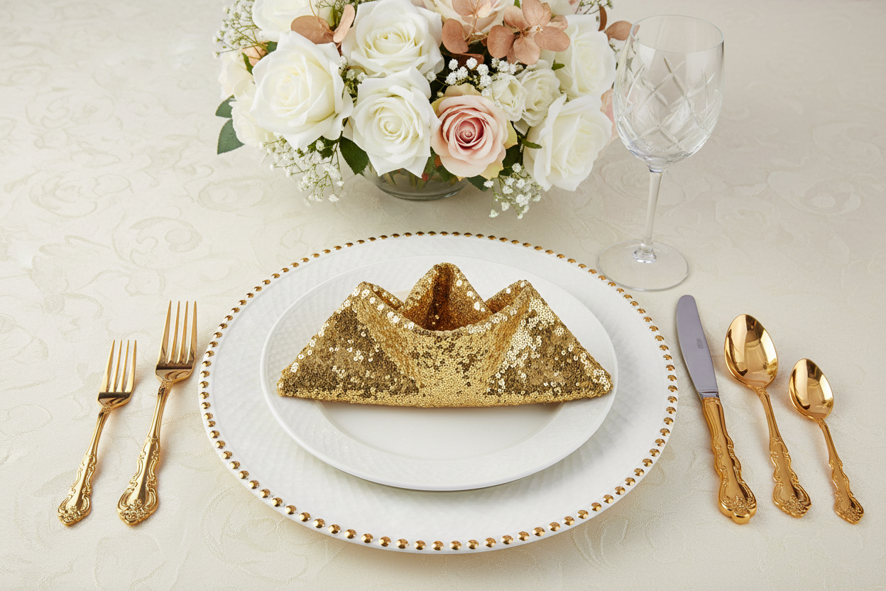 Lifestyle_Front_Gold Glitz Sequin Napkin Size: 20 X 20 in