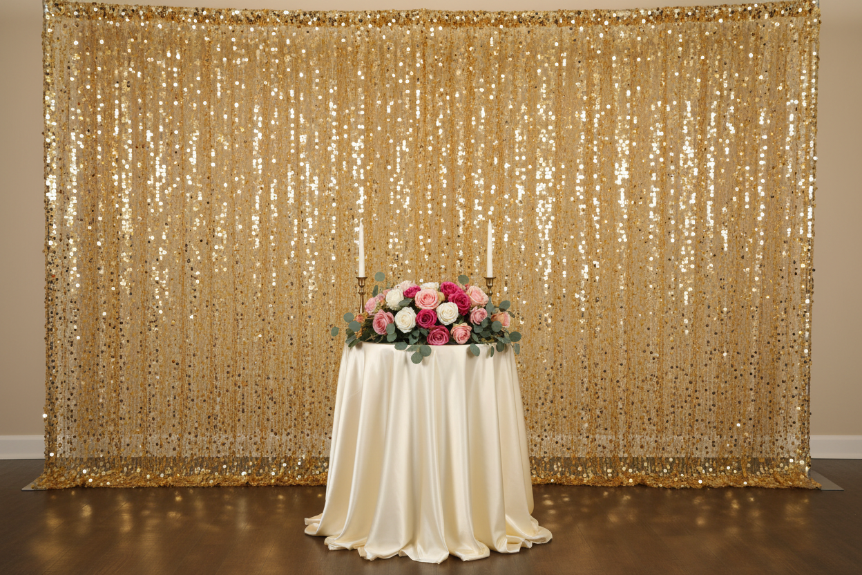 Lifestyle_Front_Gold Large Payette Sequin Drape/Backdrop panel Size: 10 ft H X 52 in W
