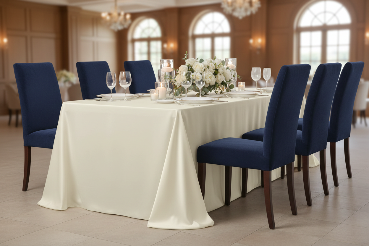 Lifestyle_Front_Ivory Lamour Satin Oblong 90" x 156" Rectangular Tablecloth