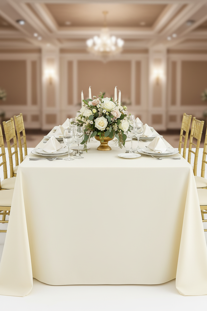 Lifestyle_Front_Ivory Premium Polyester King ( Corners) 108" x 156" Rectangular Tablecloth