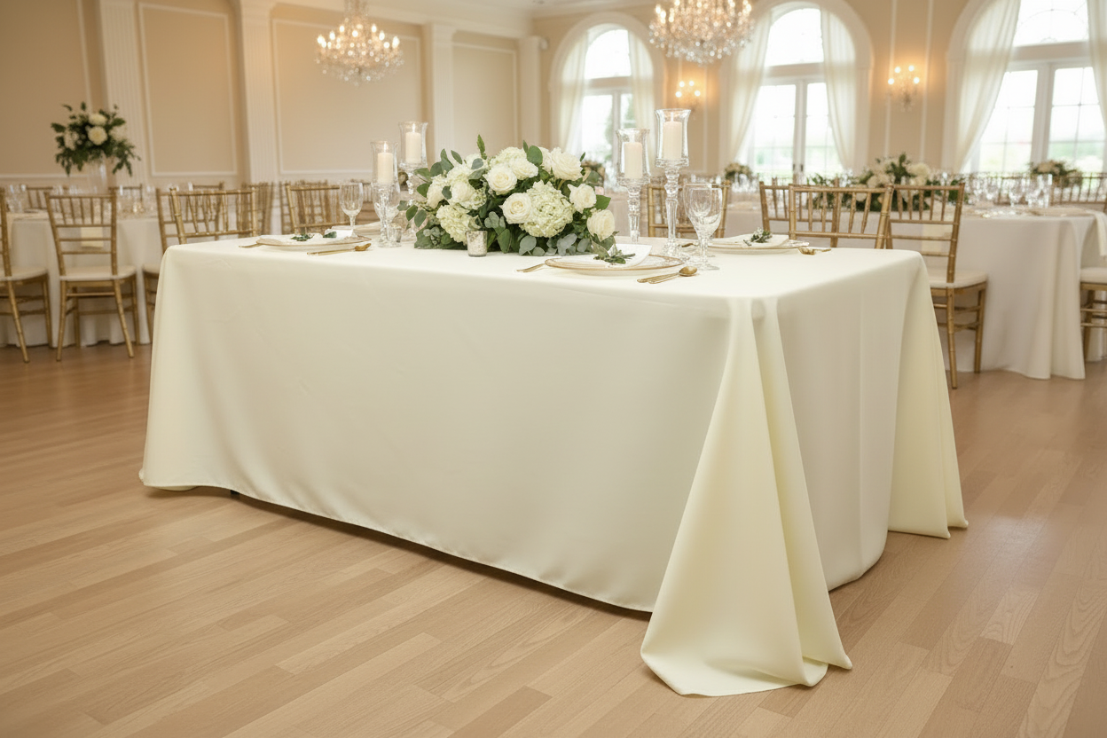 Lifestyle_Front_Ivory Rectangular Oblong Premium Polyester Tablecloth Size: 90 X 132 in