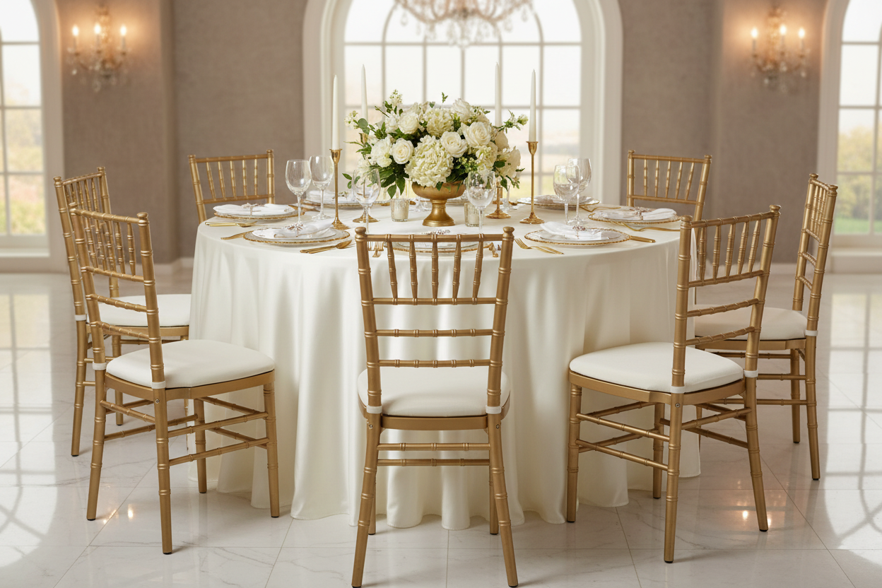 Lifestyle_Front_Ivory Satin Round Tablecloth Size: 132 in