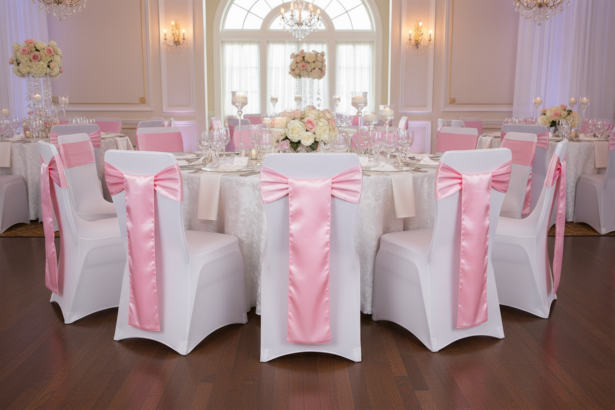 Lifestyle_Front_Medium Pink Standard Satin Chair Sash 