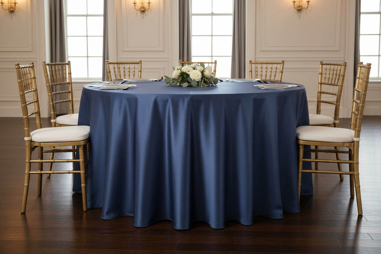 Lifestyle_Front_Navy Blue Lamour Satin Round Tablecloth Size: 132 in
