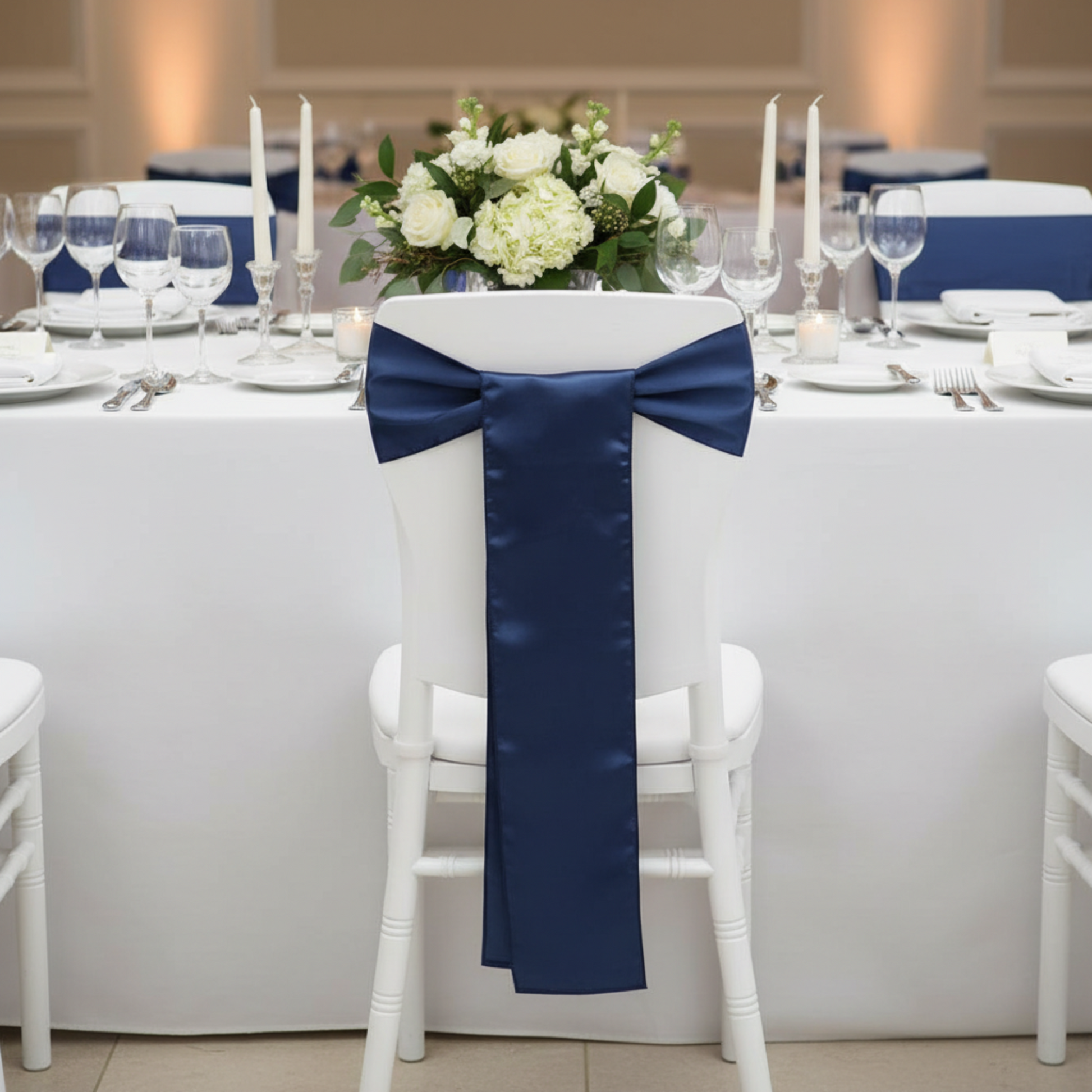 Lifestyle_Front_Navy Blue Standard Satin Chair Sash Size: 6 X 108 in