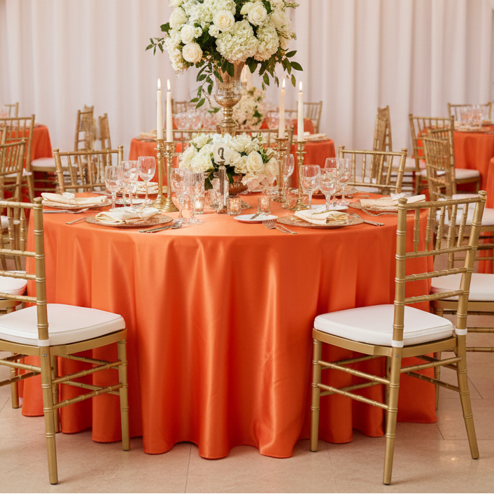 Lifestyle_Front_Orange Satin 120" Round Tablecloth