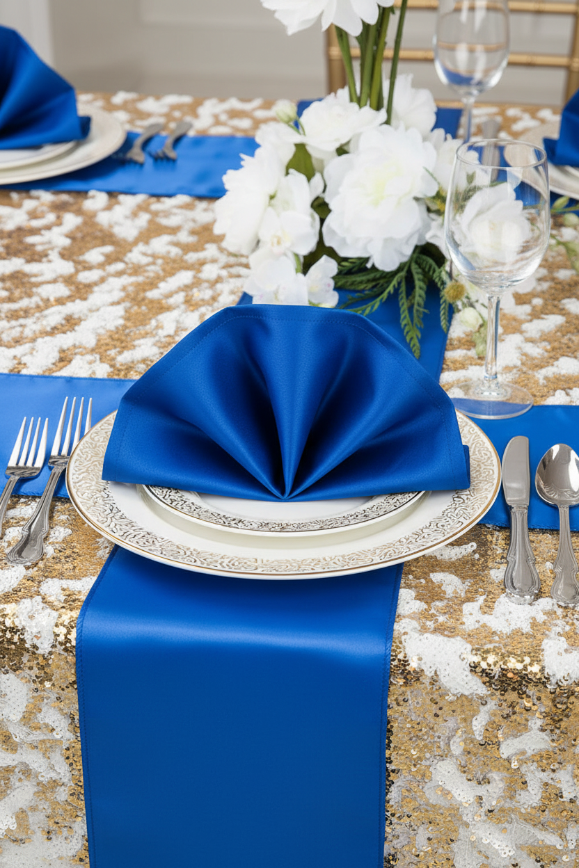 Lifestyle_Front_Royal Blue Lamour Satin Napkin Size: 20 X 20 in 
