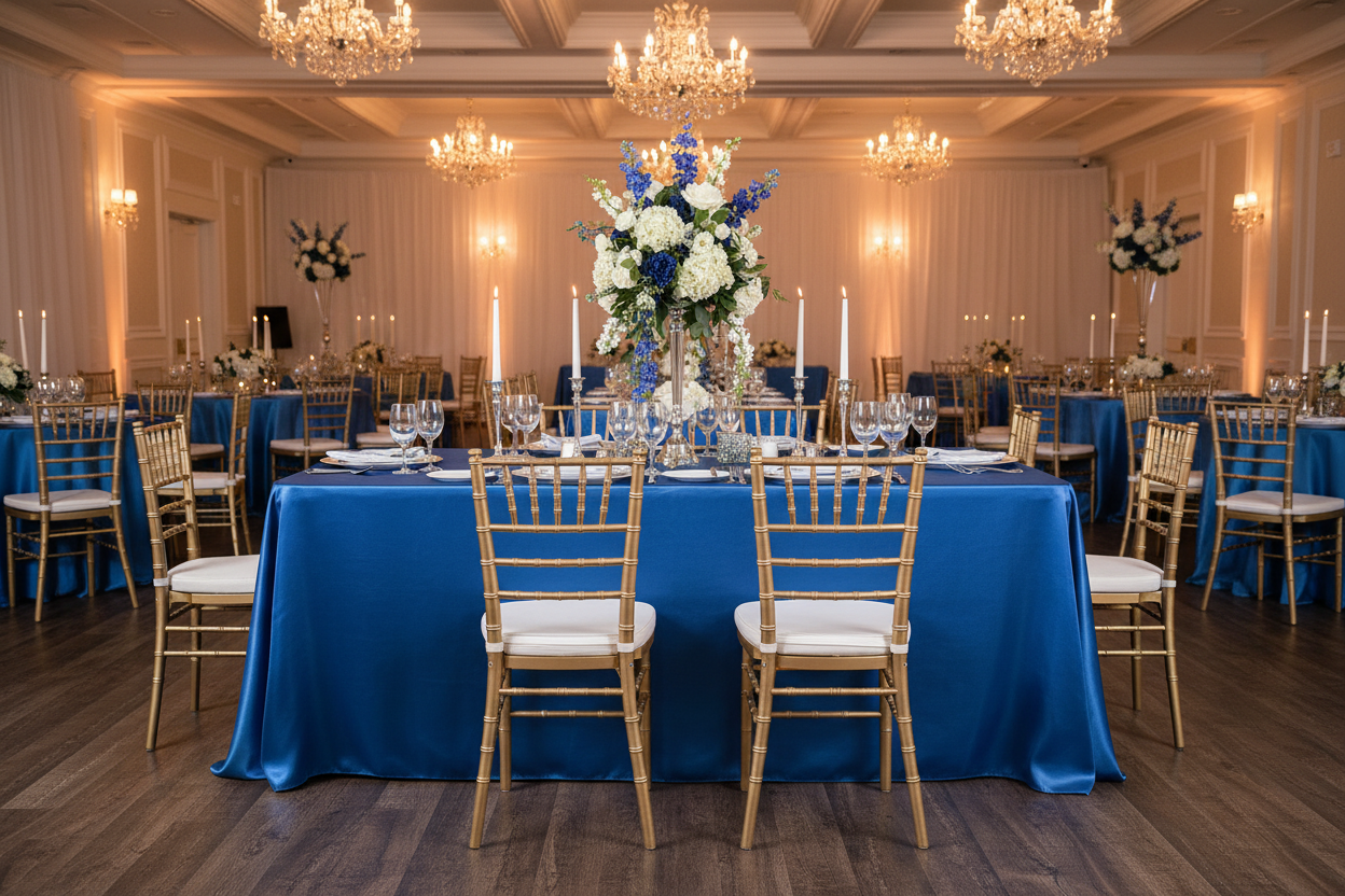 Lifestyle_Front_Royal Blue Satin Rectangular Tablecloth Size: 90 X 132 in