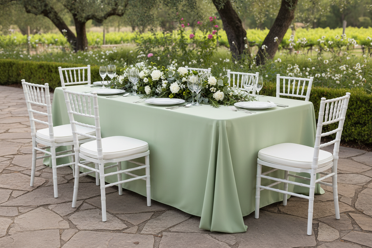 Lifestyle_Front_Sage Green Rectangular Oblong Premium Polyester Tablecloth Size: 90 X 132 in