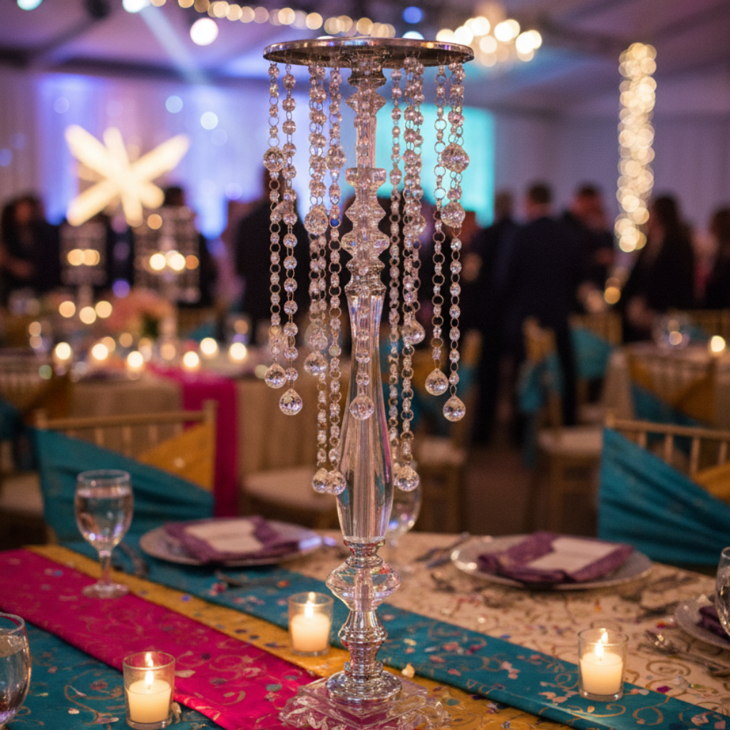 Lifestyle_Front_Silver Acrylic Crystal Drop Centerpiece Size: 27 in 