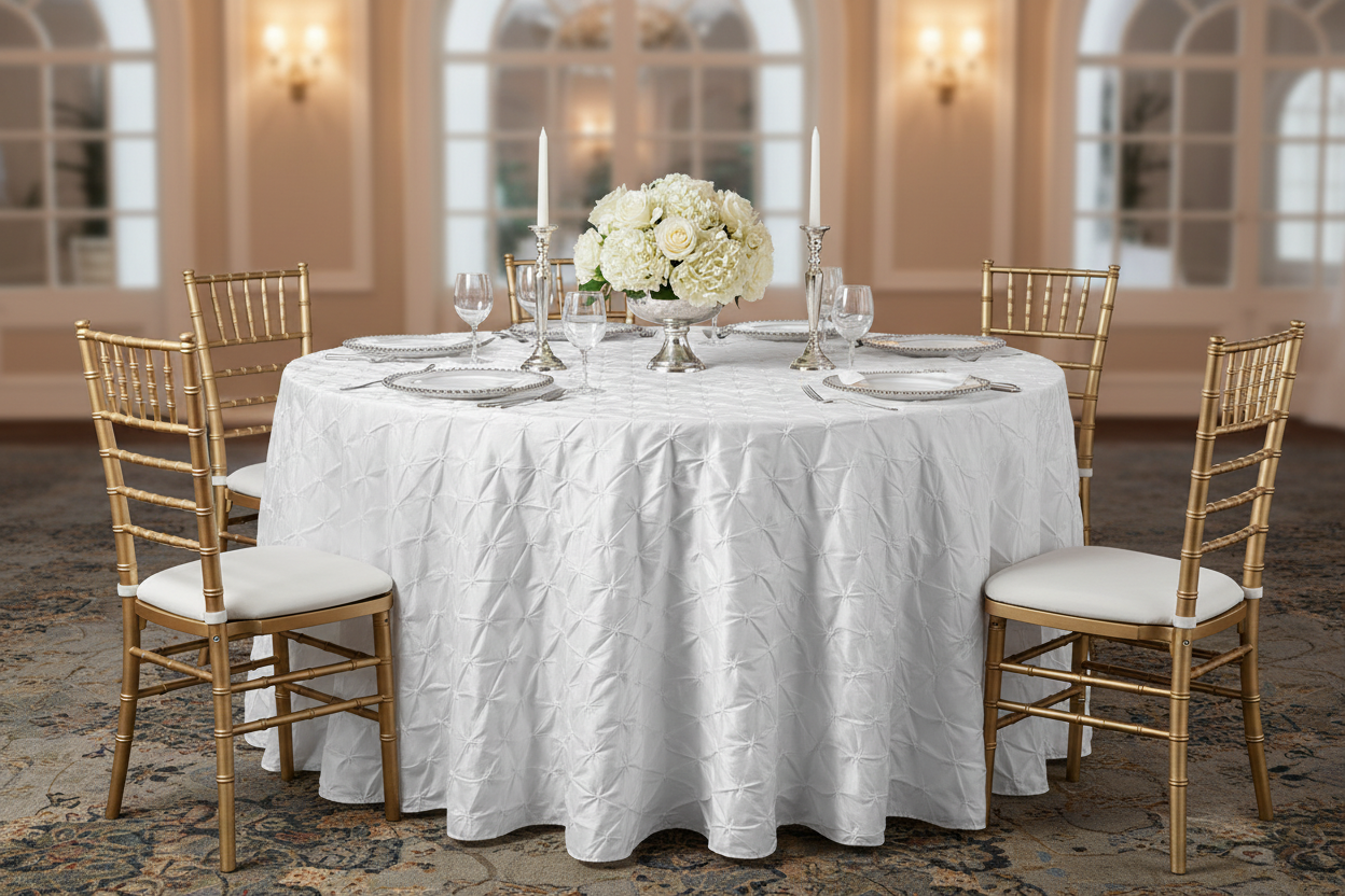 Lifestyle_Front_White Pinchwheel Round Tablecloth Size: 120 inImage
