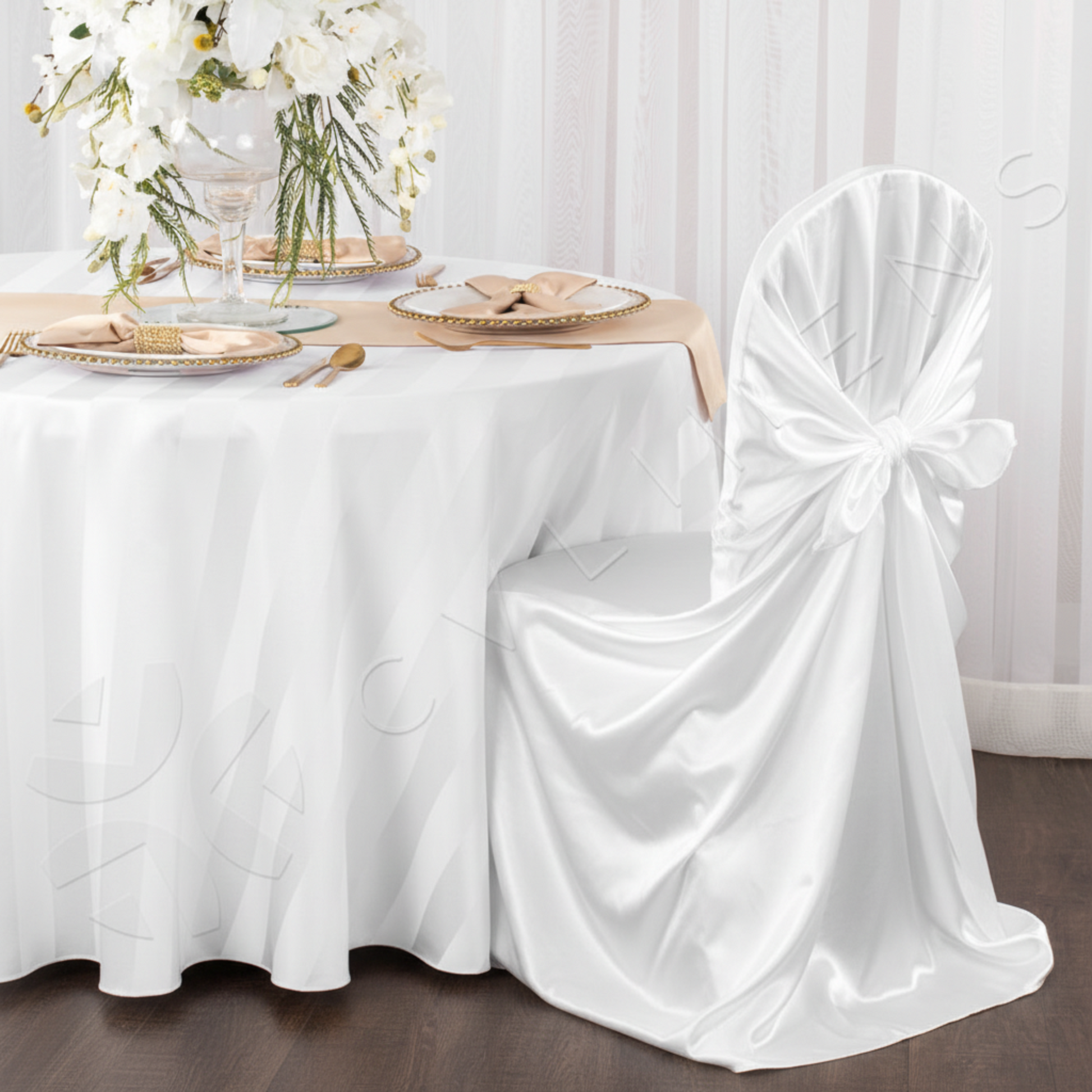 Lifestyle_Front_White Universal Satin Self Tie Chair Cover