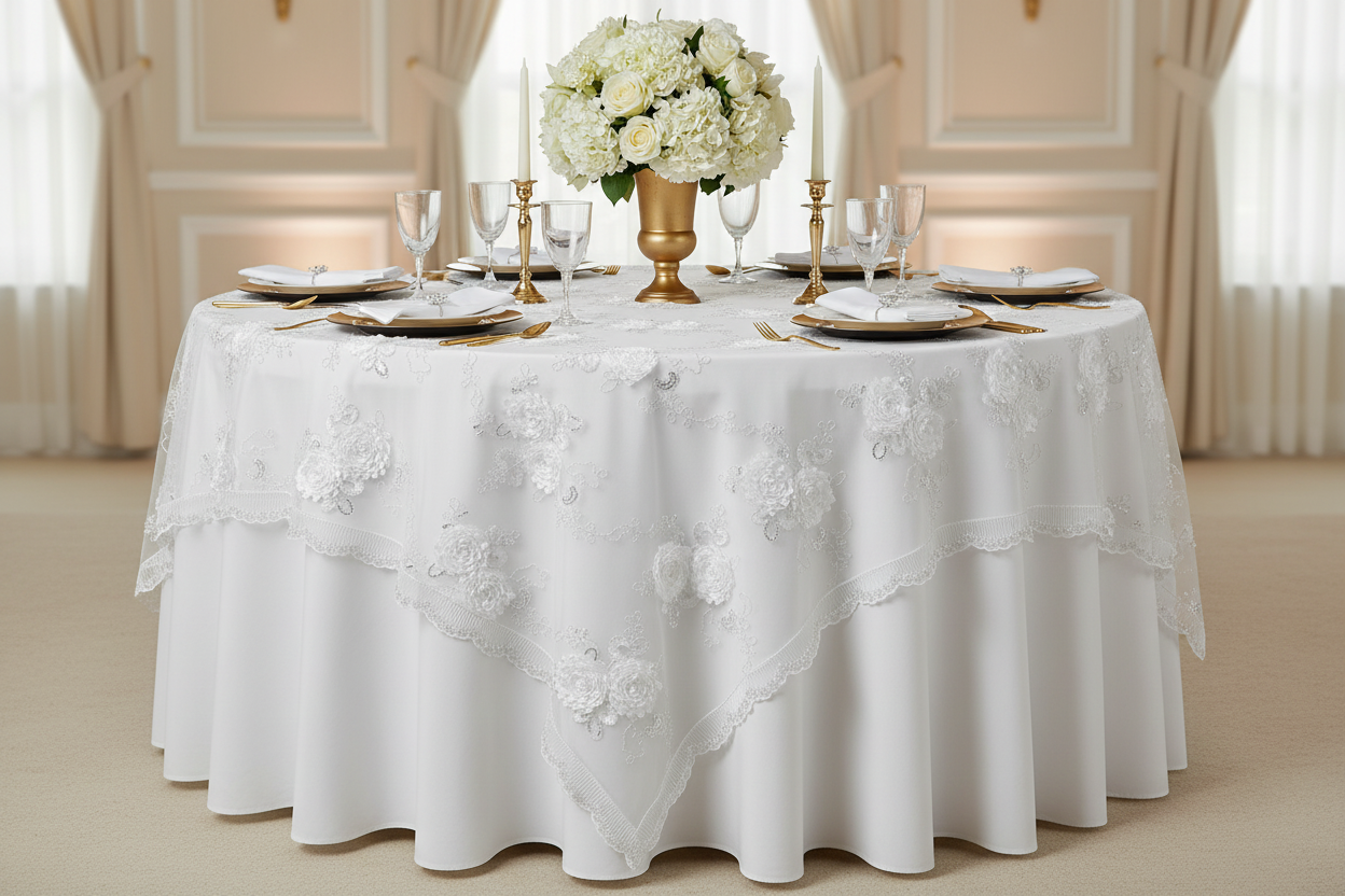 Lifestyle_Front_White Vintage Veil Embroidery Square Table Overlay Topper Size: 90 X 90 in 