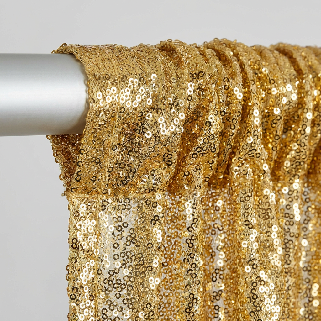 Glitz Sequin Mesh Net 10ft H x 52" W Drape/Backdrop panel - Gold - CV Linens