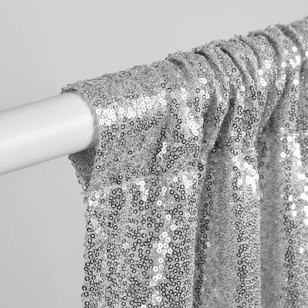 Glitz Sequin Mesh Net 10ft H x 52" W Drape/Backdrop panel - Silver - CV Linens
