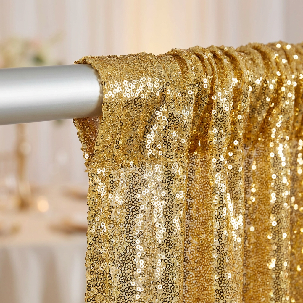 Glitz Sequin Mesh Net 12ft H x 52" W Drape/Backdrop panel - Gold - CV Linens