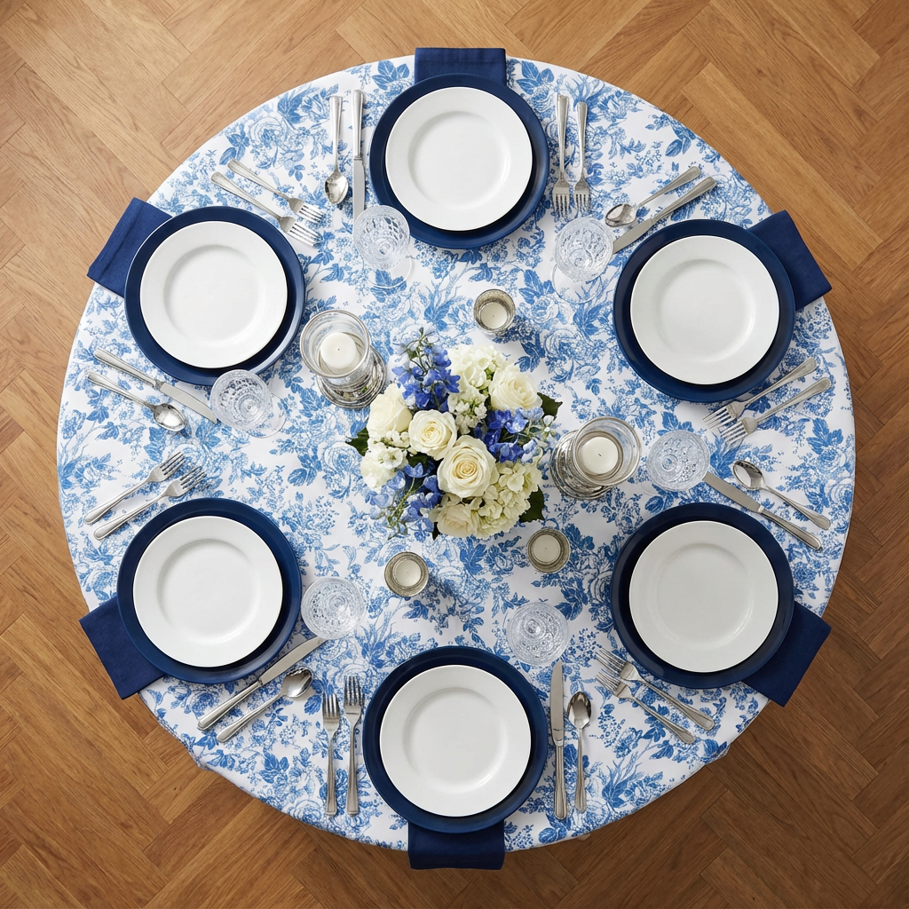 French Toile 108" Round Tablecloth - Blue - CV Linens