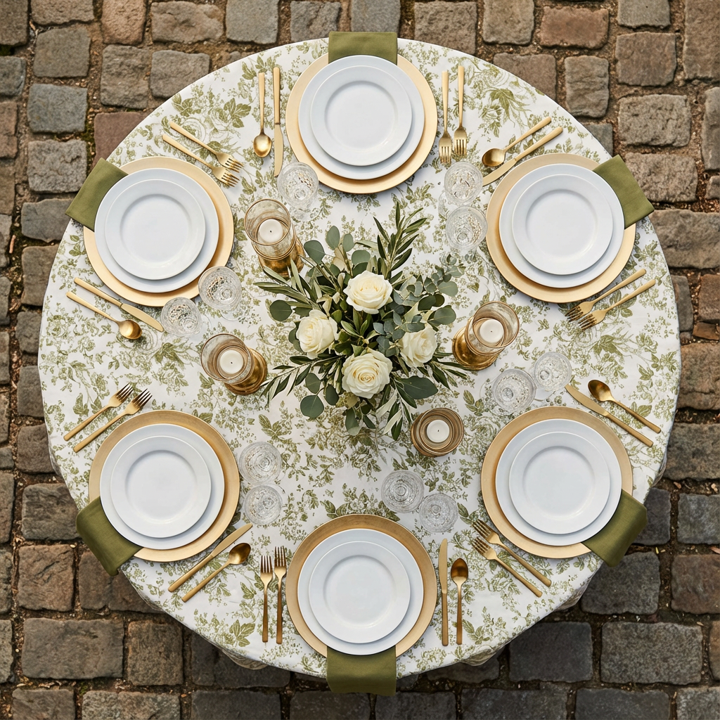 French Toile 108" Round Tablecloth - Olive Green - CV Linens
