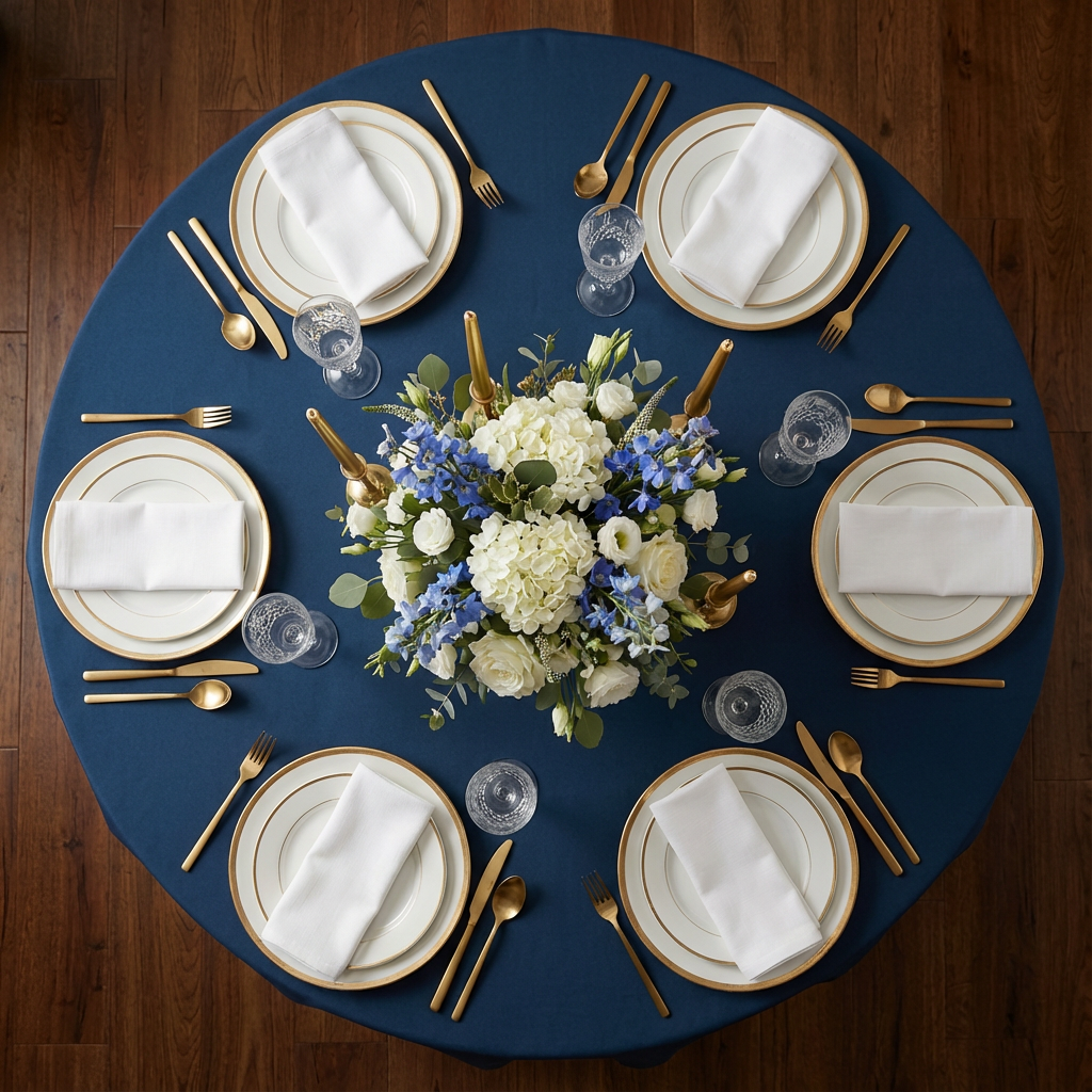 Navy Blue Economy Polyester Tablecloth Round Size: 108 in | Wedding | Event | Wholesale by CV Linens