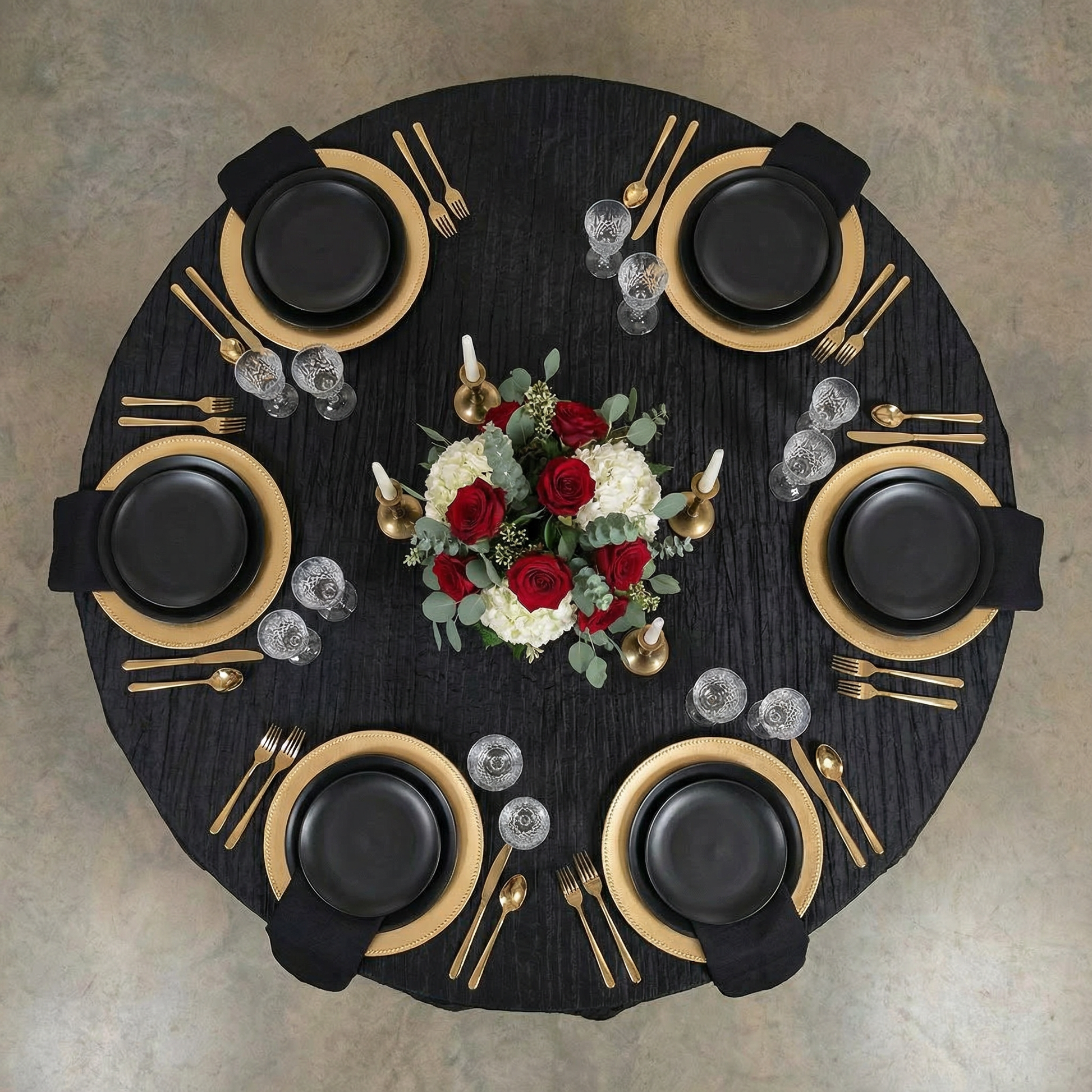 Accordion Crinkle Taffeta 120” Round Tablecloth Black - CV Linens™