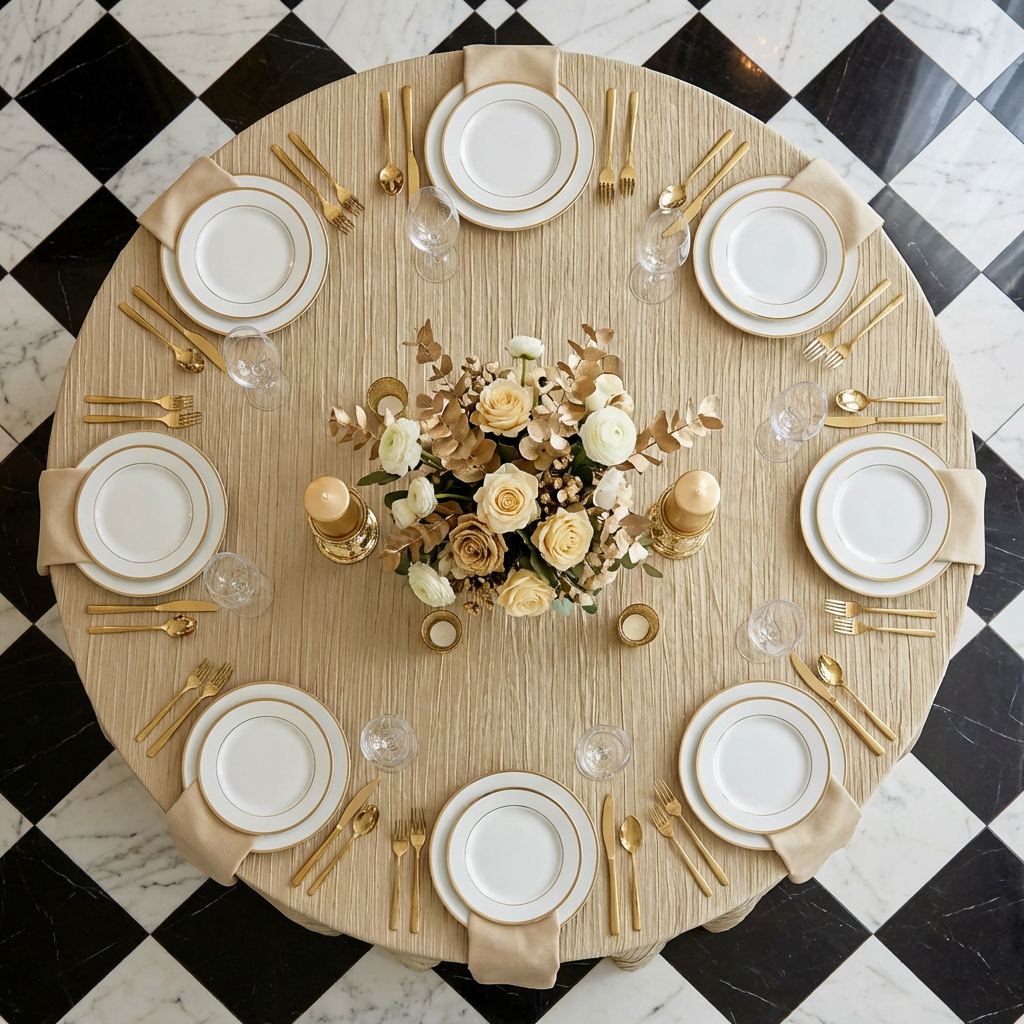 Accordion Crinkle Taffeta 120" Round Tablecloth - Champagne - CV Linens