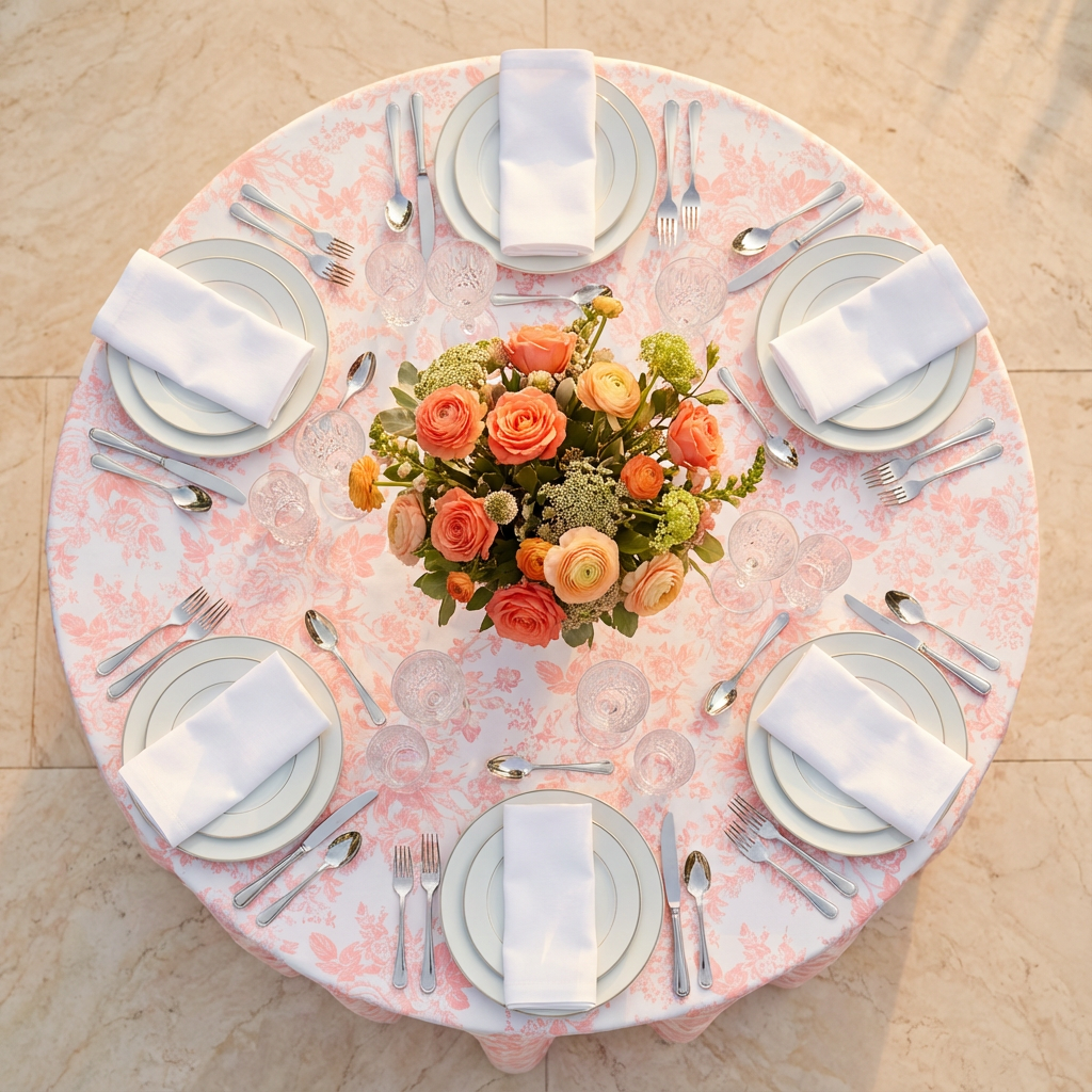 Coral French Toile 120" Round Tablecloth | Polyester | Wedding | Event | Wholesale by CV Linens