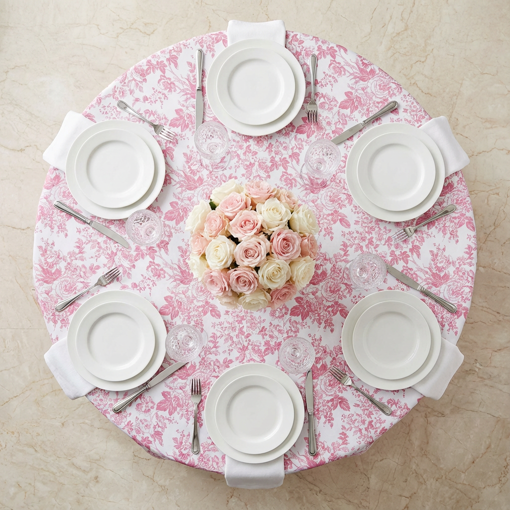Pink French Toile Round Tablecloth Size: 120 in | Polyester | Wedding | Event | Wholesale by CV Linens