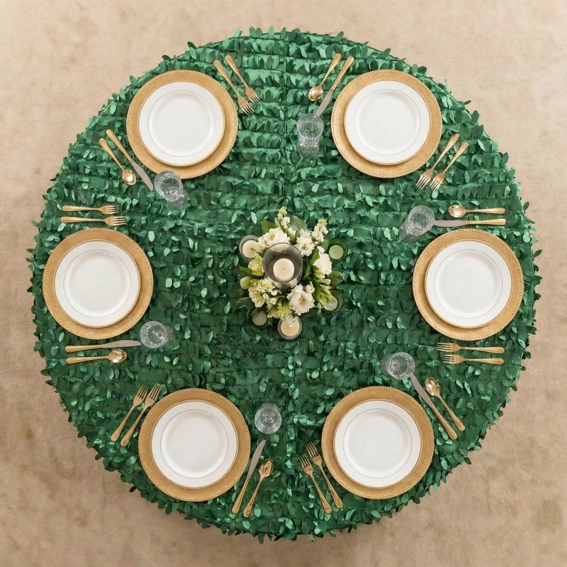 Leaf Petal Taffeta Round 120" Tablecloth - Emerald Green - CV Linens