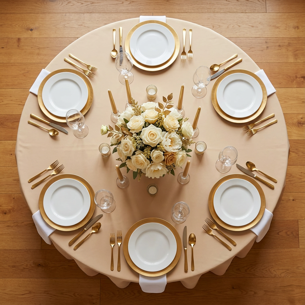 Champagne Premium Polyester Round Tablecloth Size: 120 in | Wedding | Event | Wholesale by CV Linens