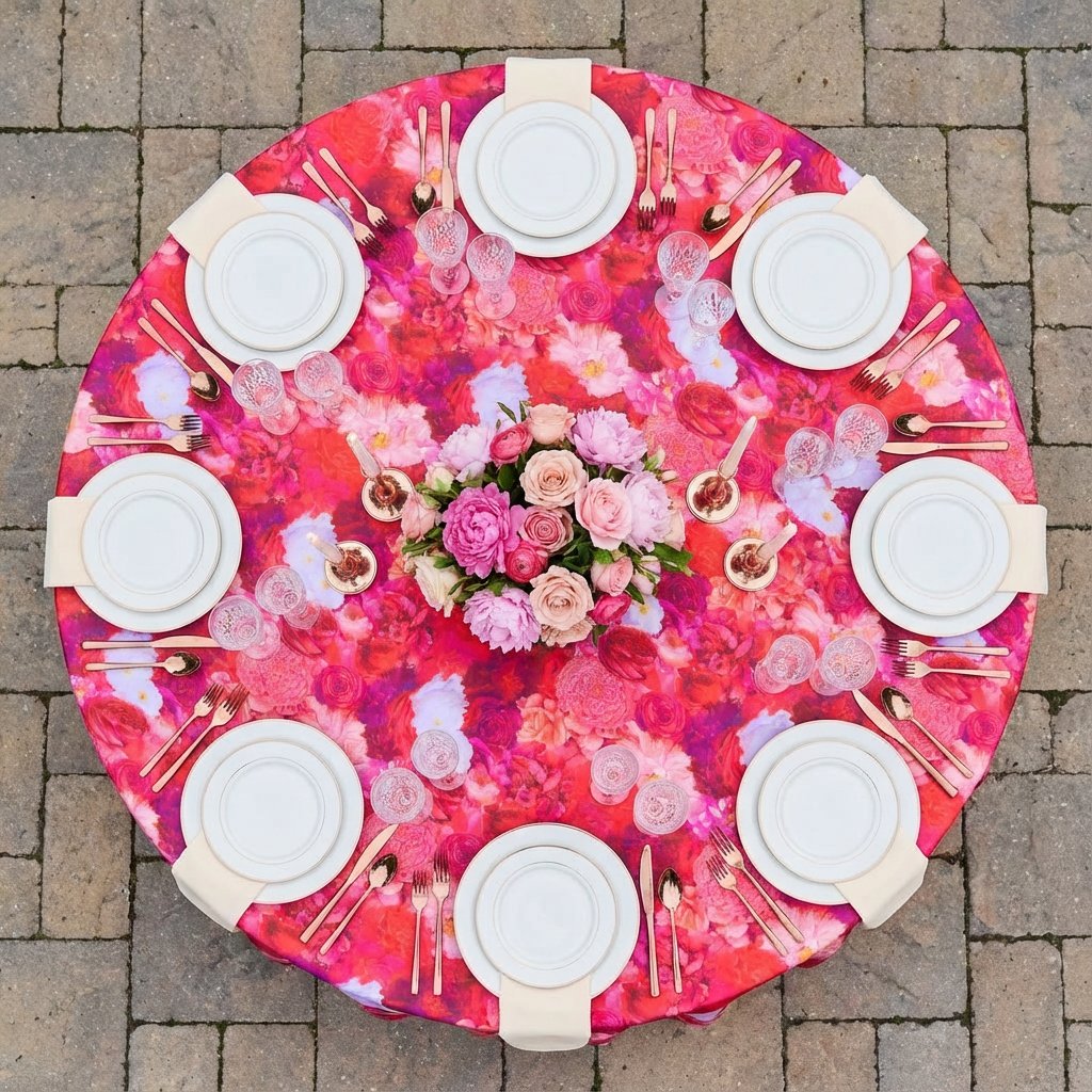 Fuchsia Floral Peony Roses Round Tablecloth Size: 120 in | Polyester | Wedding | Event | Wholesale by CV Linens