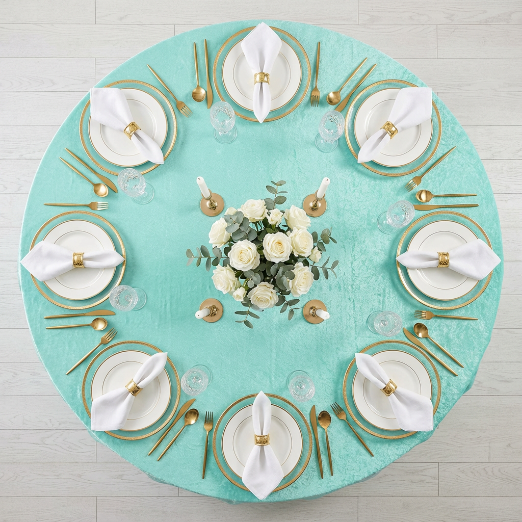 Velvet 120" Round Tablecloth - Light Turquoise - CV Linens