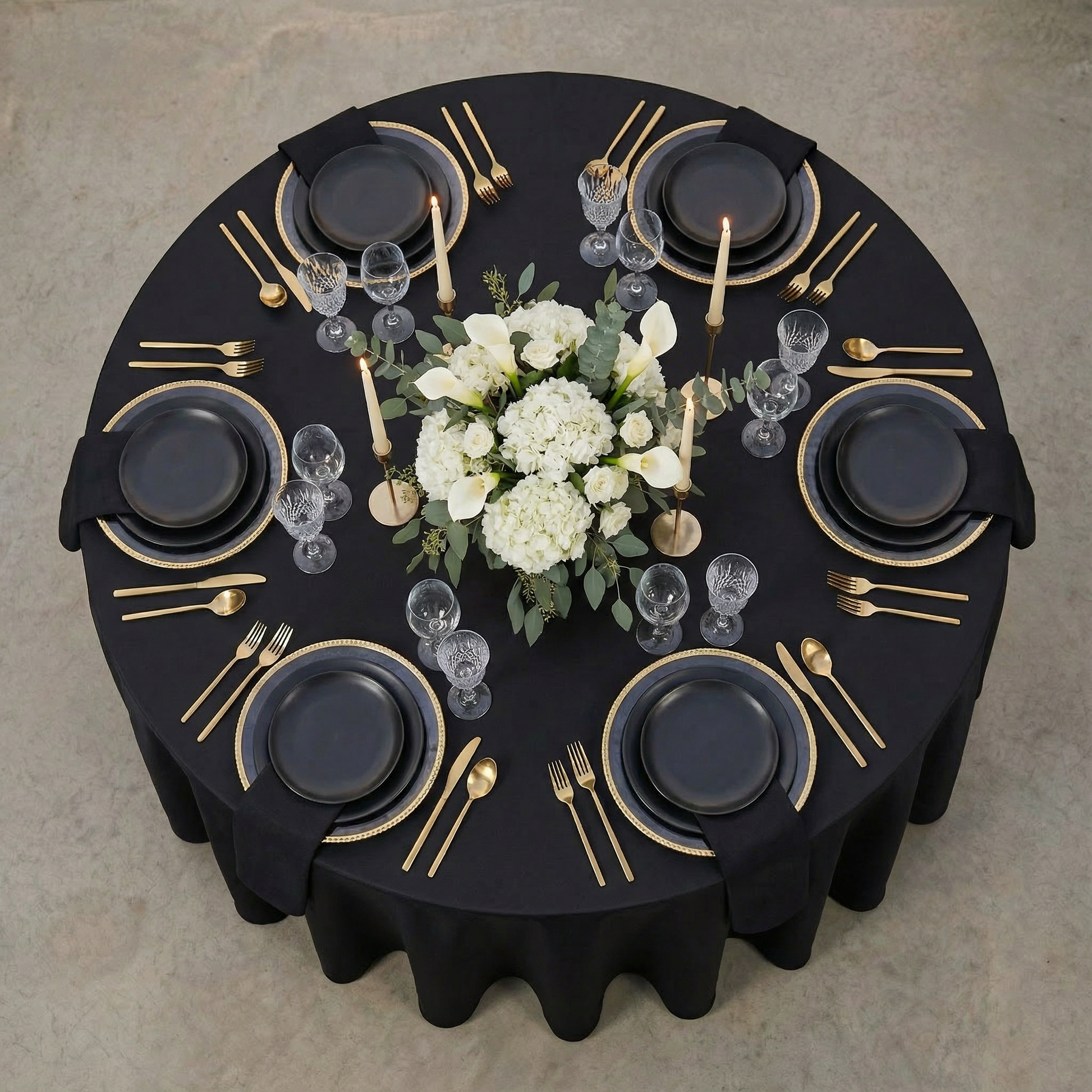 Lamour Satin 132" Round Tablecloth - Black - CV Linens