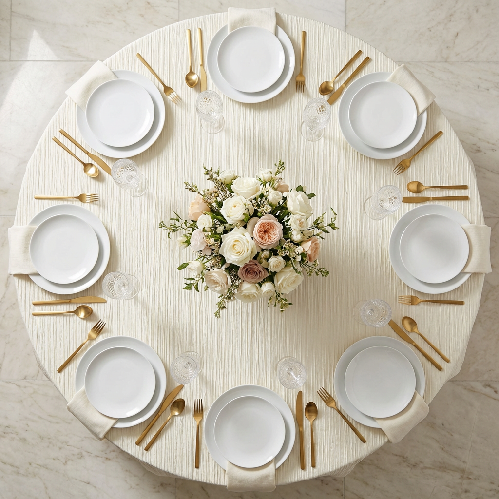 Accordion Crinkle Taffeta 132" Round Tablecloth - Ivory - CV Linens