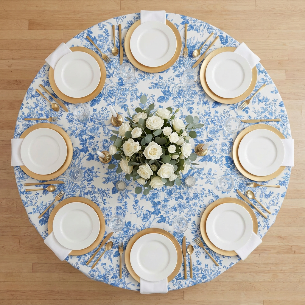 Blue French Toile 132" Round Tablecloth | Polyester | Wedding | Event | Wholesale by CV Linens