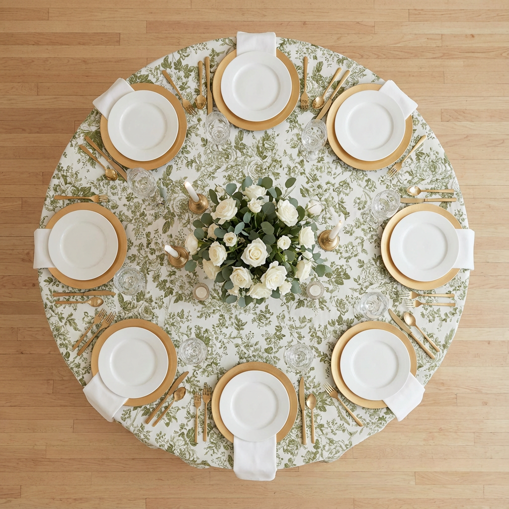 Olive Green French Toile Round Tablecloth Size: 132 in | Polyester | Wedding | Event | Wholesale by CV Linens