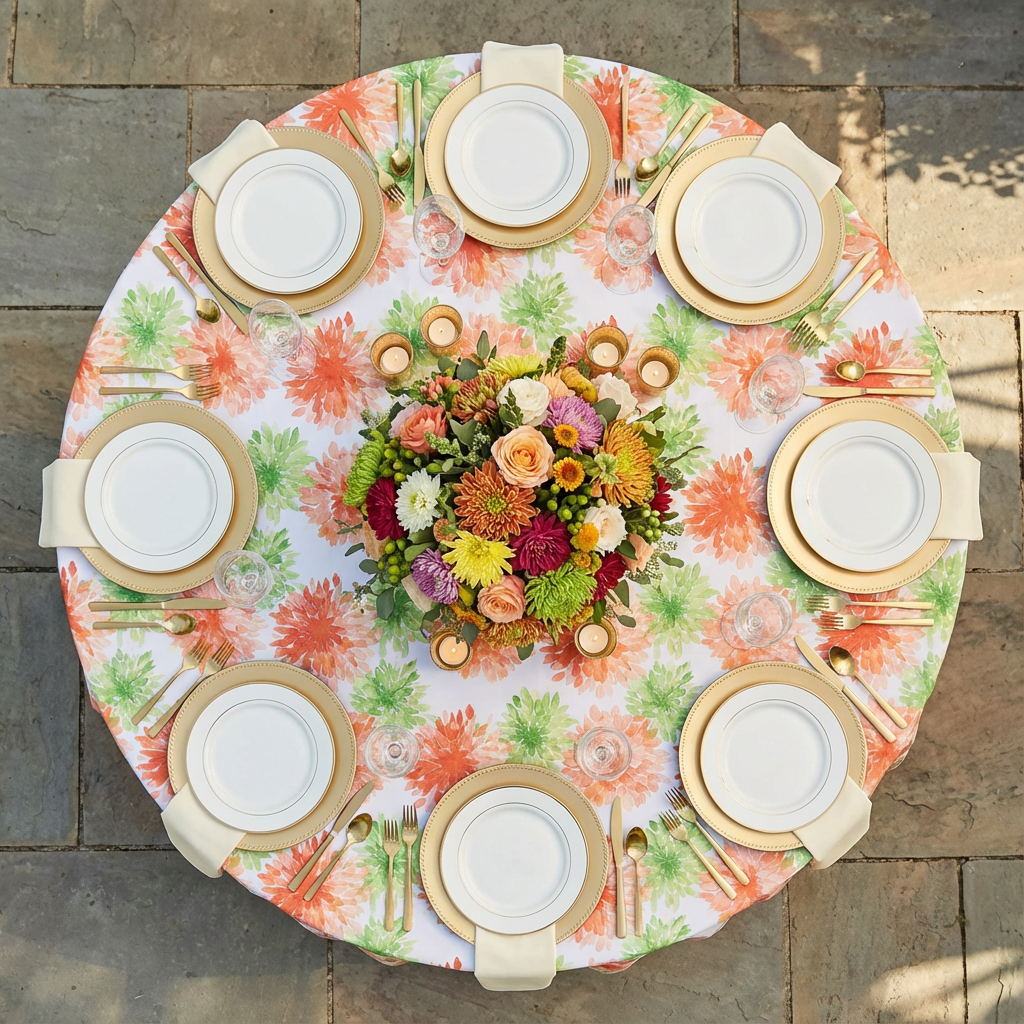 Blooming Mums Round Tablecloth Size: 132 in | Polyester | Wedding | Event | Wholesale by CV Linens