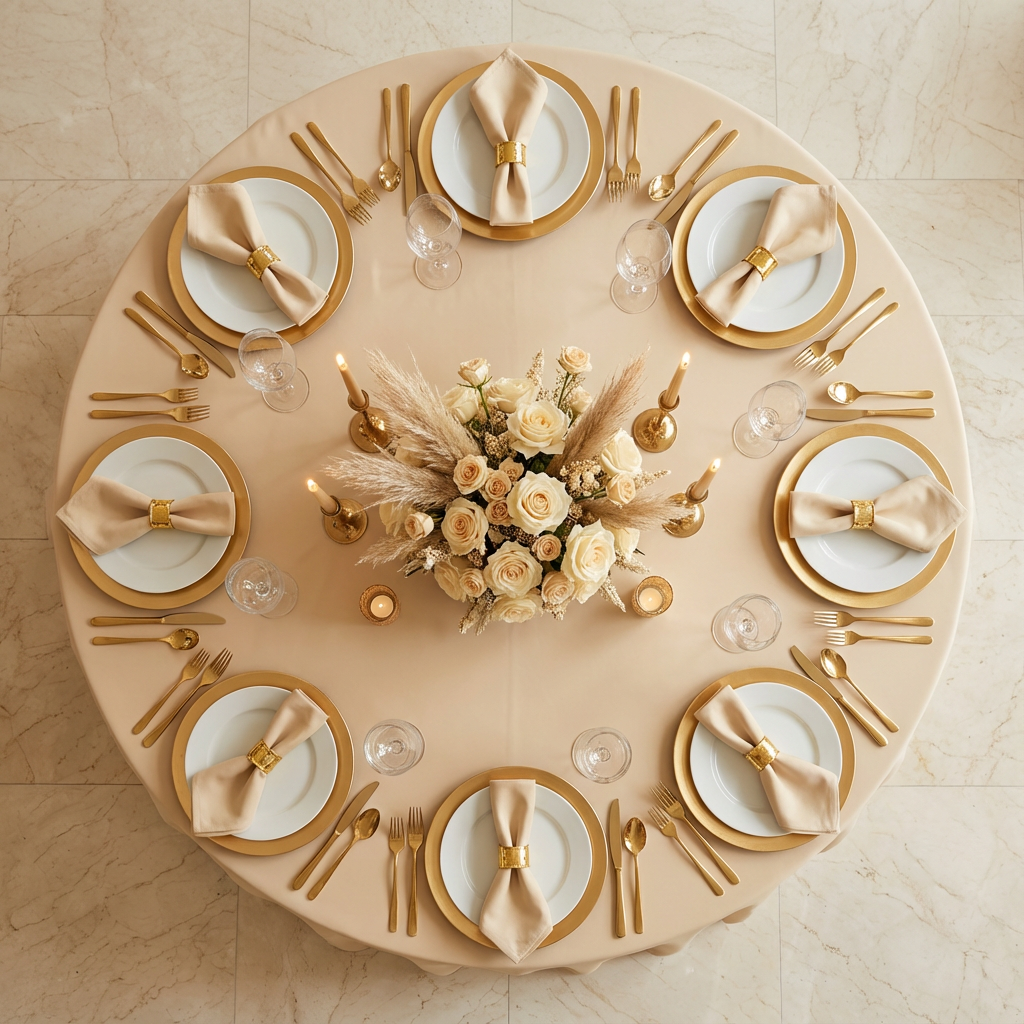 Champagne Economy Polyester 132" Round Tablecloth | Wedding | Event | Wholesale by CV Linens