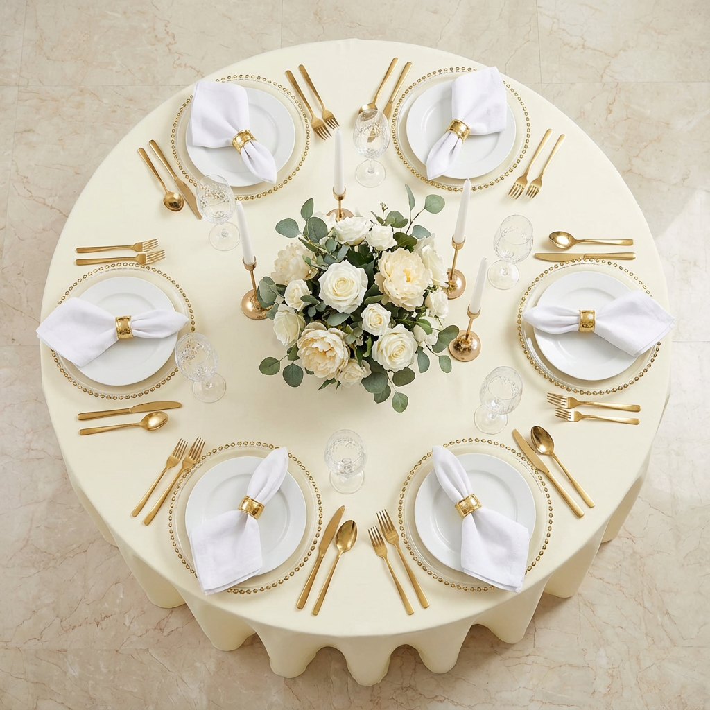 Light Ivory/Off White Round Premium Polyester Tablecloth Size: 132 in | Wedding | Event | Wholesale by CV Linens