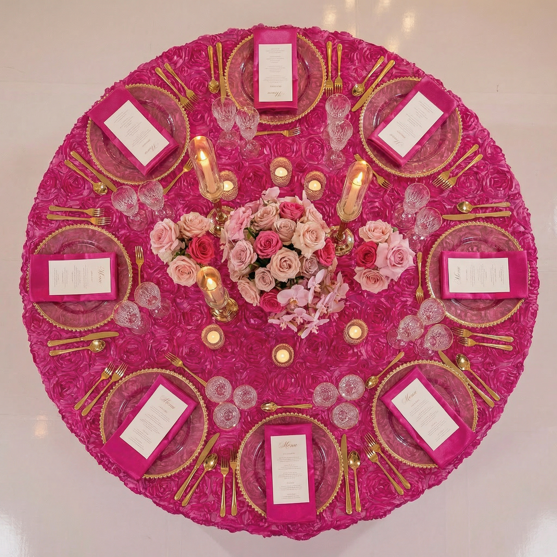 Wedding Rosette SATIN 132" Round Tablecloth - Fuchsia - CV Linens