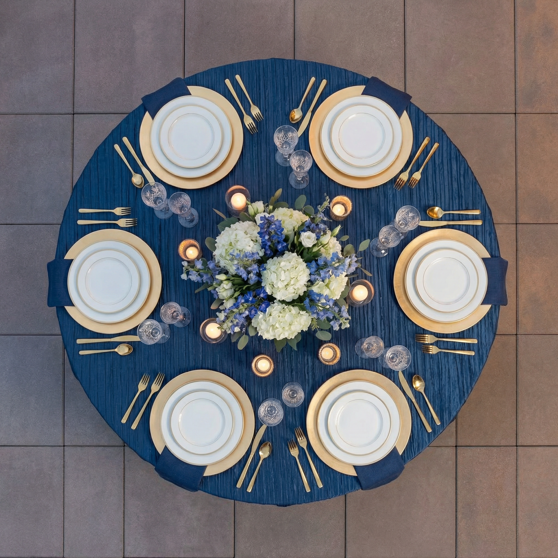 Accordion Crinkle Taffeta 132" Round Tablecloth - Navy Blue - CV Linens