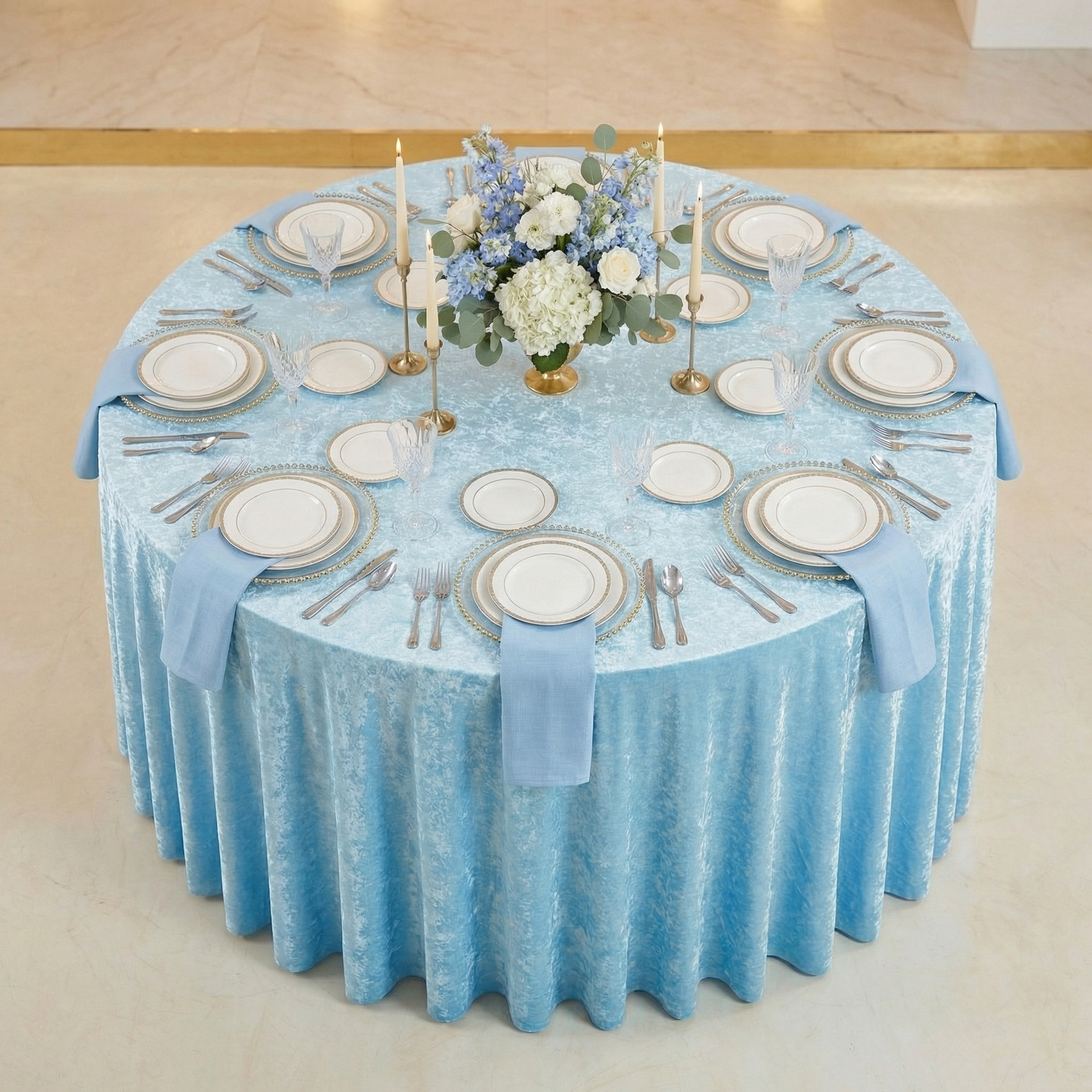 Velvet 132" Round Tablecloth - Baby Blue - CV Linens