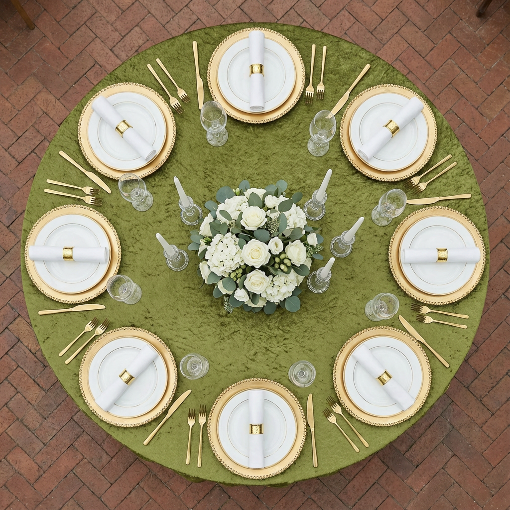 Velvet 132" Round Tablecloth - Olive Green - CV Linens