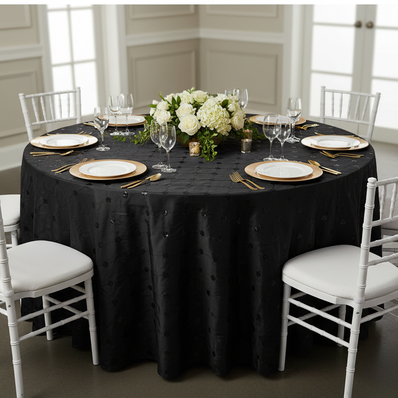 Lifestyle_Top_Black Sequin Embroidery Taffeta Round Tablecloth Size: 132 in