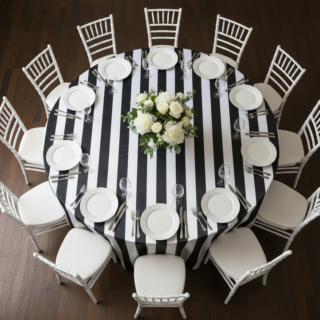 Lifestyle_Top_Black Stripe Satin Round Tablecloth Size: 132 inlifestyle image