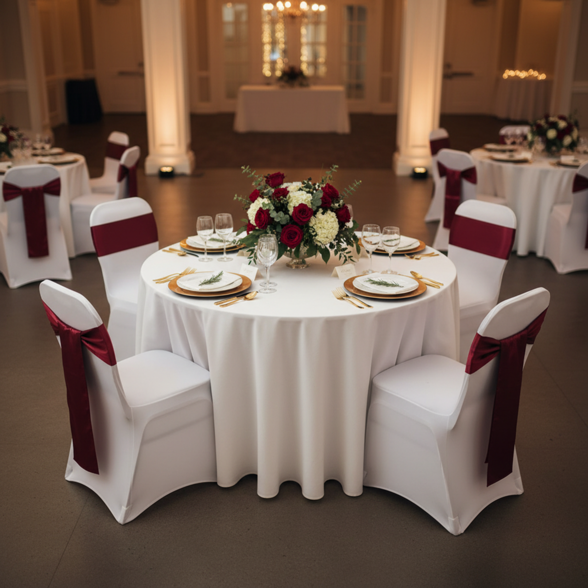 Lifestyle_Top_Burgundy Standard Satin Chair Sash Size: 6 X 108 in