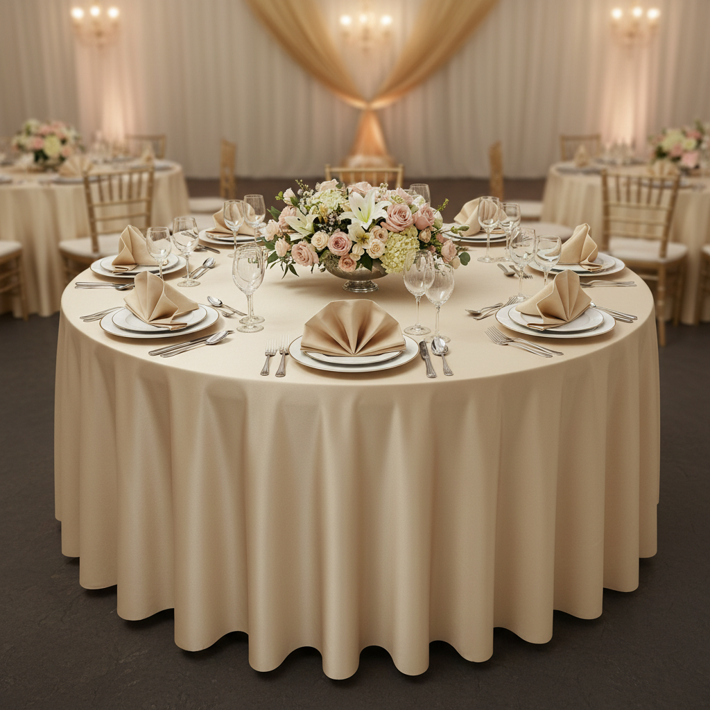 Lifestyle_Top_Champagne Lamour Satin Round Tablecloth Size: 120 in tablecloth